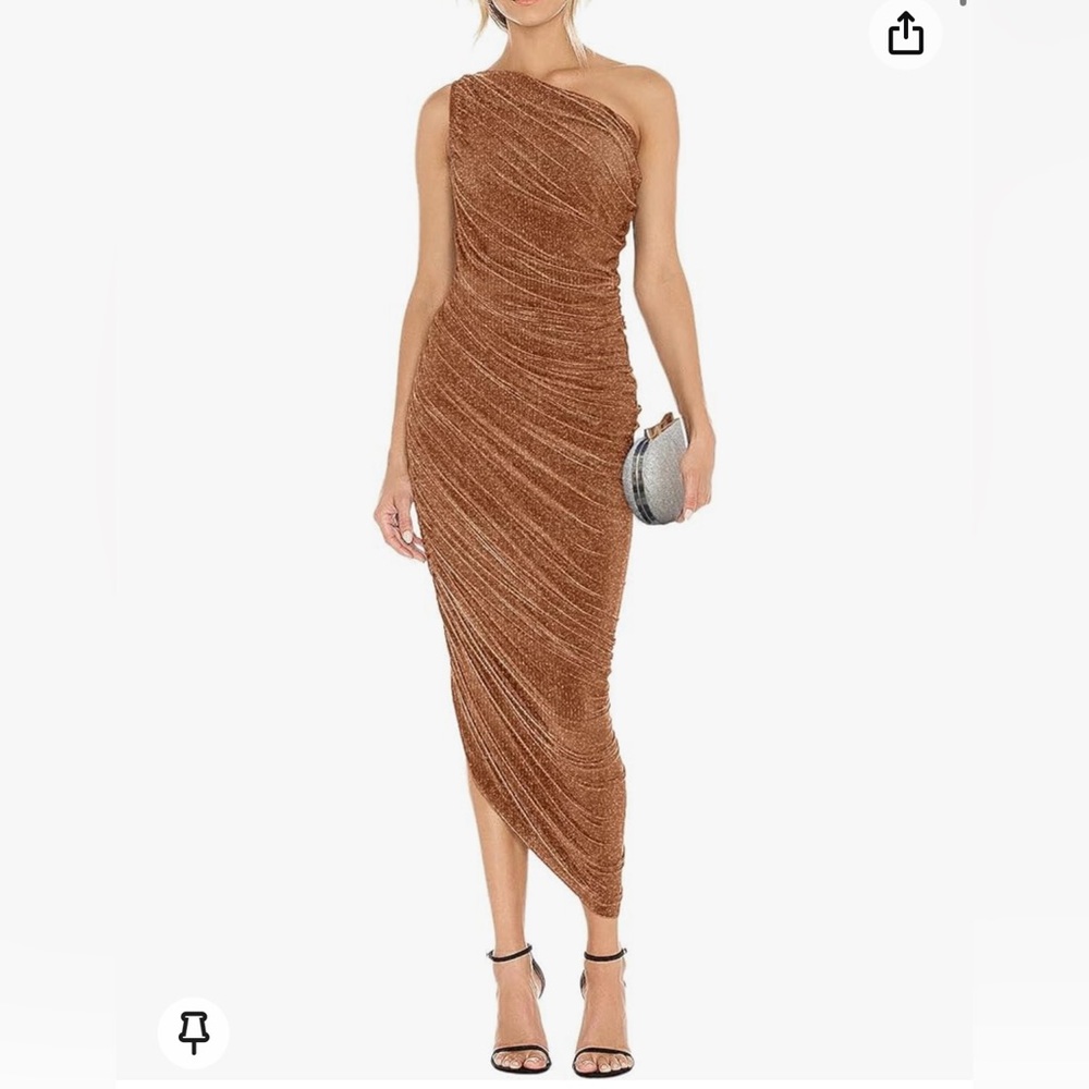 Orange/burnt orange one shoulder midi dress.